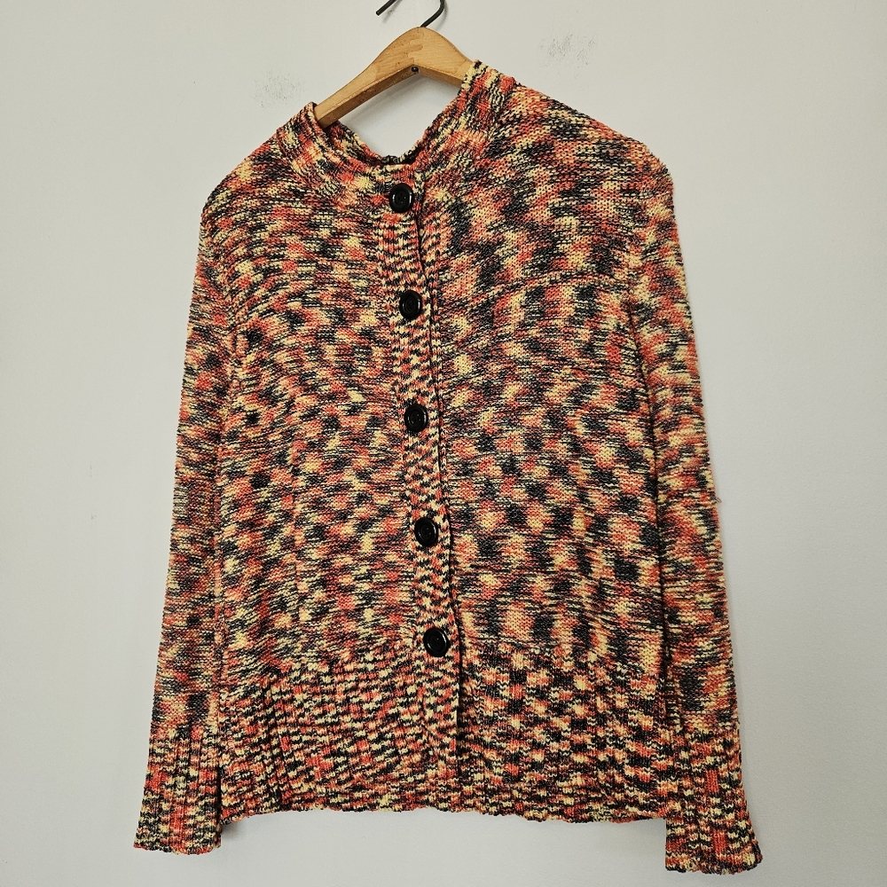 EVAN PICONE Multicolor Cardigan Orange Black Yellow Button Up Stretchy‎ Large